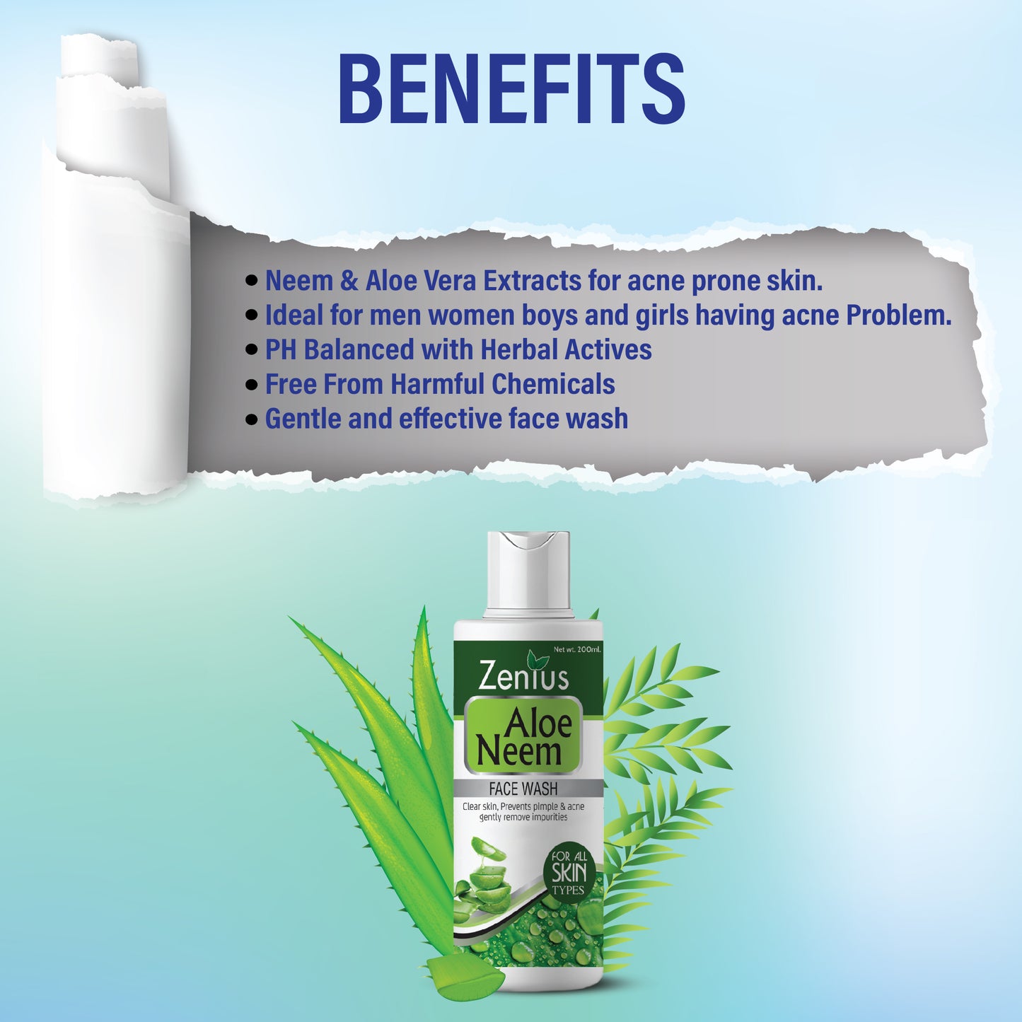 Zenius Aloe Neem Facewash for oily & dry skin, face wash for acne  (200ml)