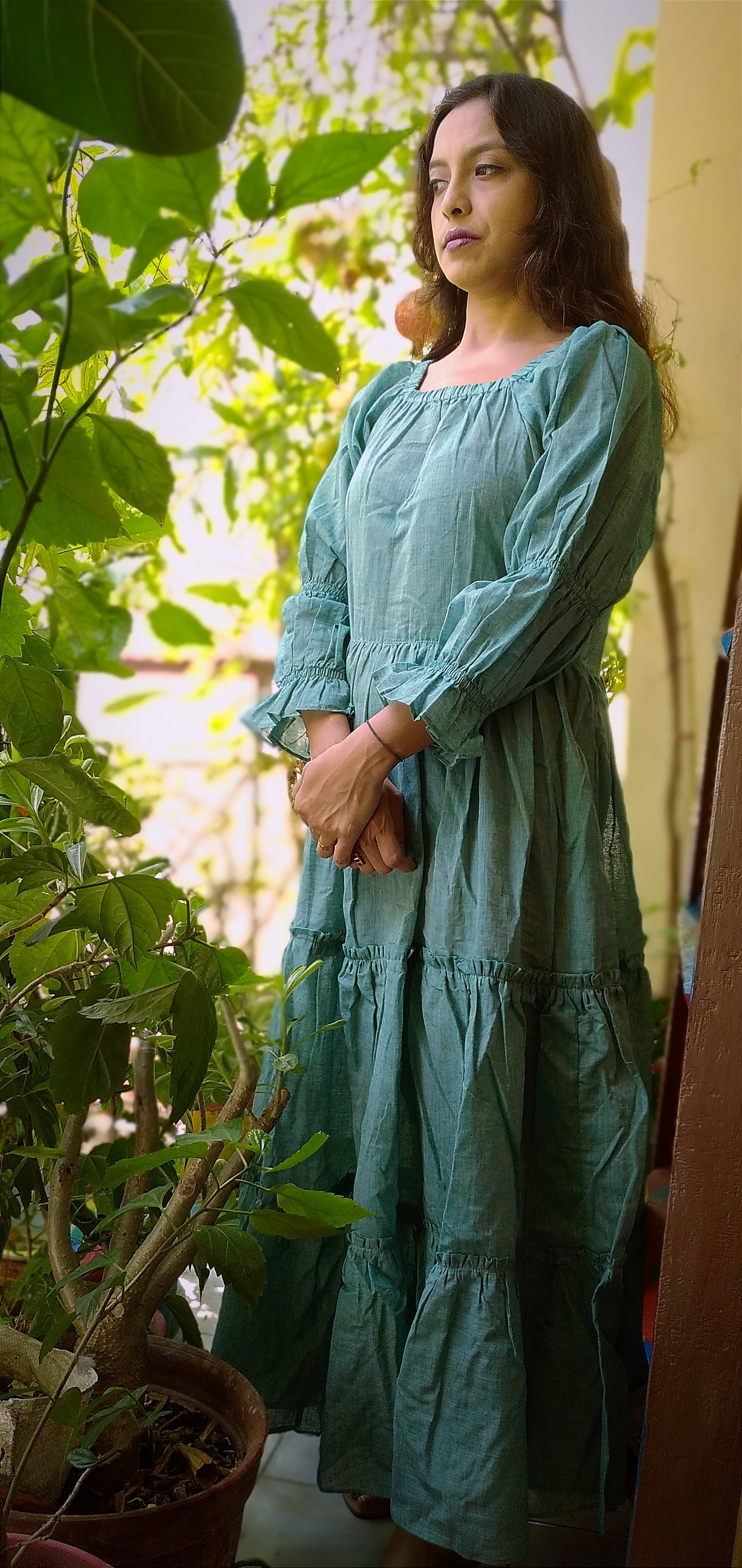 SPARKLE – Handcrafted Pleated Full Sleeved Multi Tiered Maxi Dress