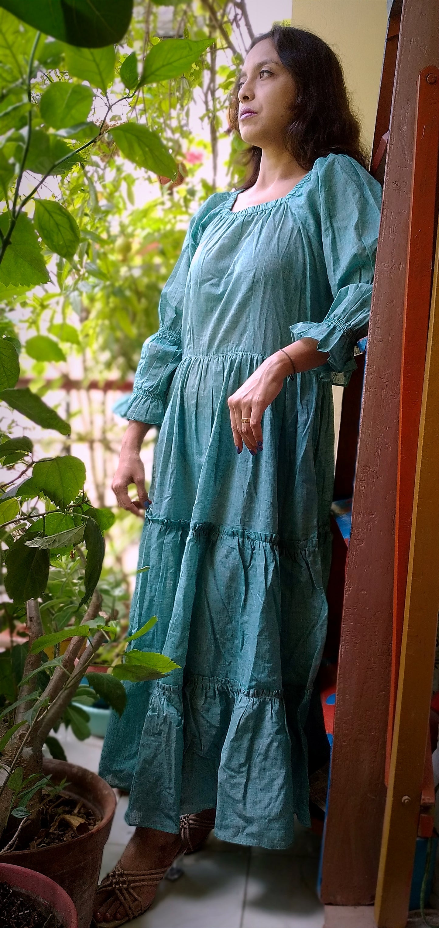 SPARKLE – Handcrafted Pleated Full Sleeved Multi Tiered Maxi Dress