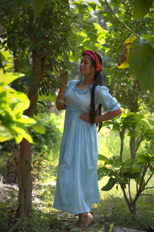 VICTORIAN MASQUERADE – Puff-Sleeve Pin tuck Casual Wear / Summer Dress / Party Wear Ruffle Sleeves and Collar Dress in Linen/Cotton