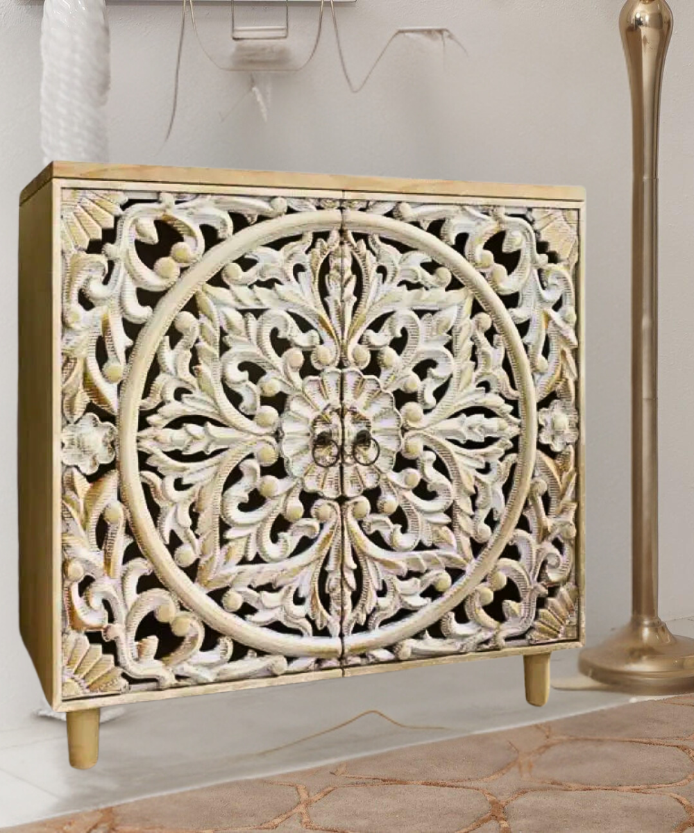 Wooden Handcarved Antique Solid Mango Wood Sideboard Cabinet with Intricate Carvings, 30x15x31.5 Inches – Storage for Living Room, Bedroom, and Hotel