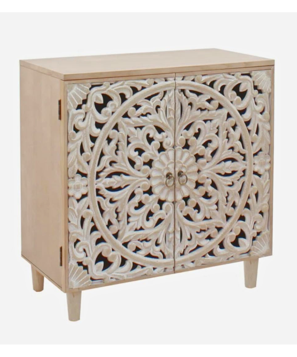 Wooden Handcarved Antique Solid Mango Wood Sideboard Cabinet with Intricate Carvings, 30x15x31.5 Inches – Storage for Living Room, Bedroom, and Hotel