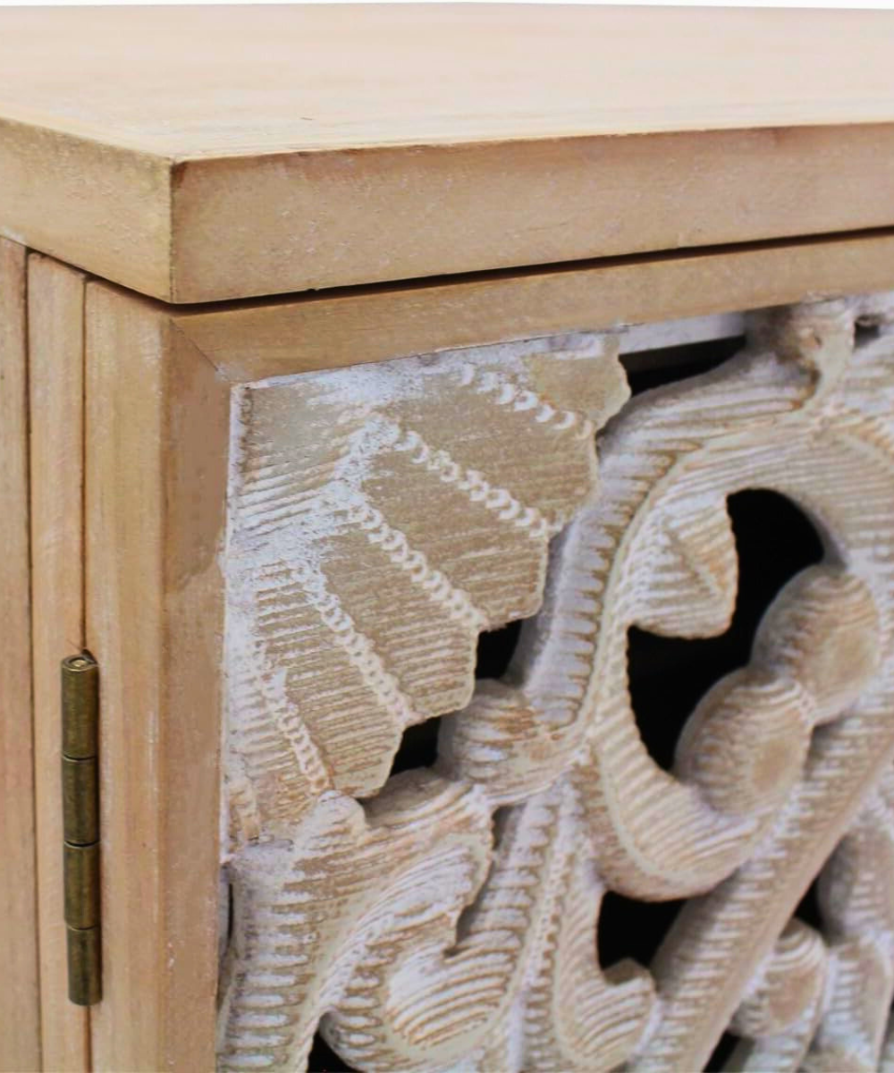 Wooden Handcarved Antique Solid Mango Wood Sideboard Cabinet with Intricate Carvings, 30x15x31.5 Inches – Storage for Living Room, Bedroom, and Hotel