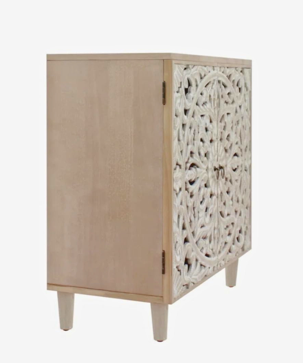 Wooden Handcarved Antique Solid Mango Wood Sideboard Cabinet with Intricate Carvings, 30x15x31.5 Inches – Storage for Living Room, Bedroom, and Hotel