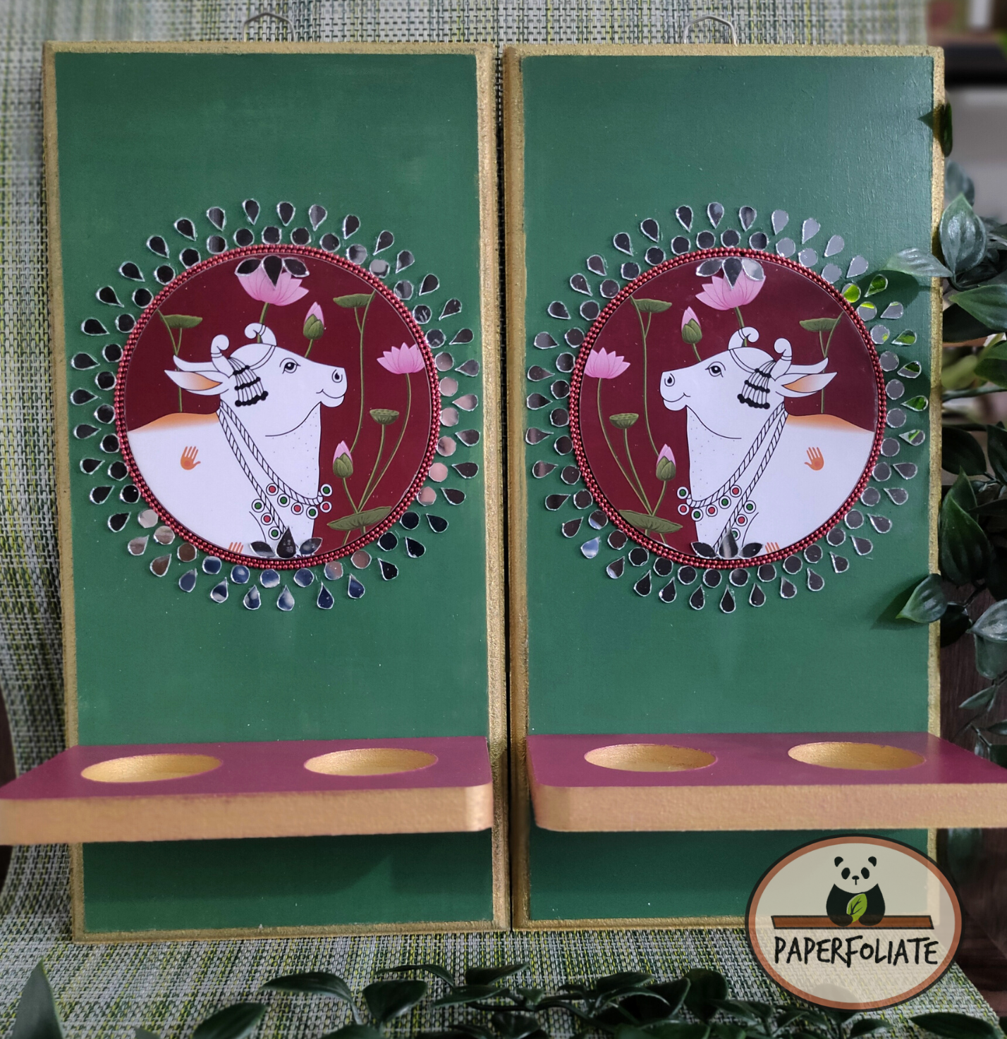 WOODEN WALL HUNG T-LIGHT HOLDER - PICHWAI COW & LOTUS DESIGN .