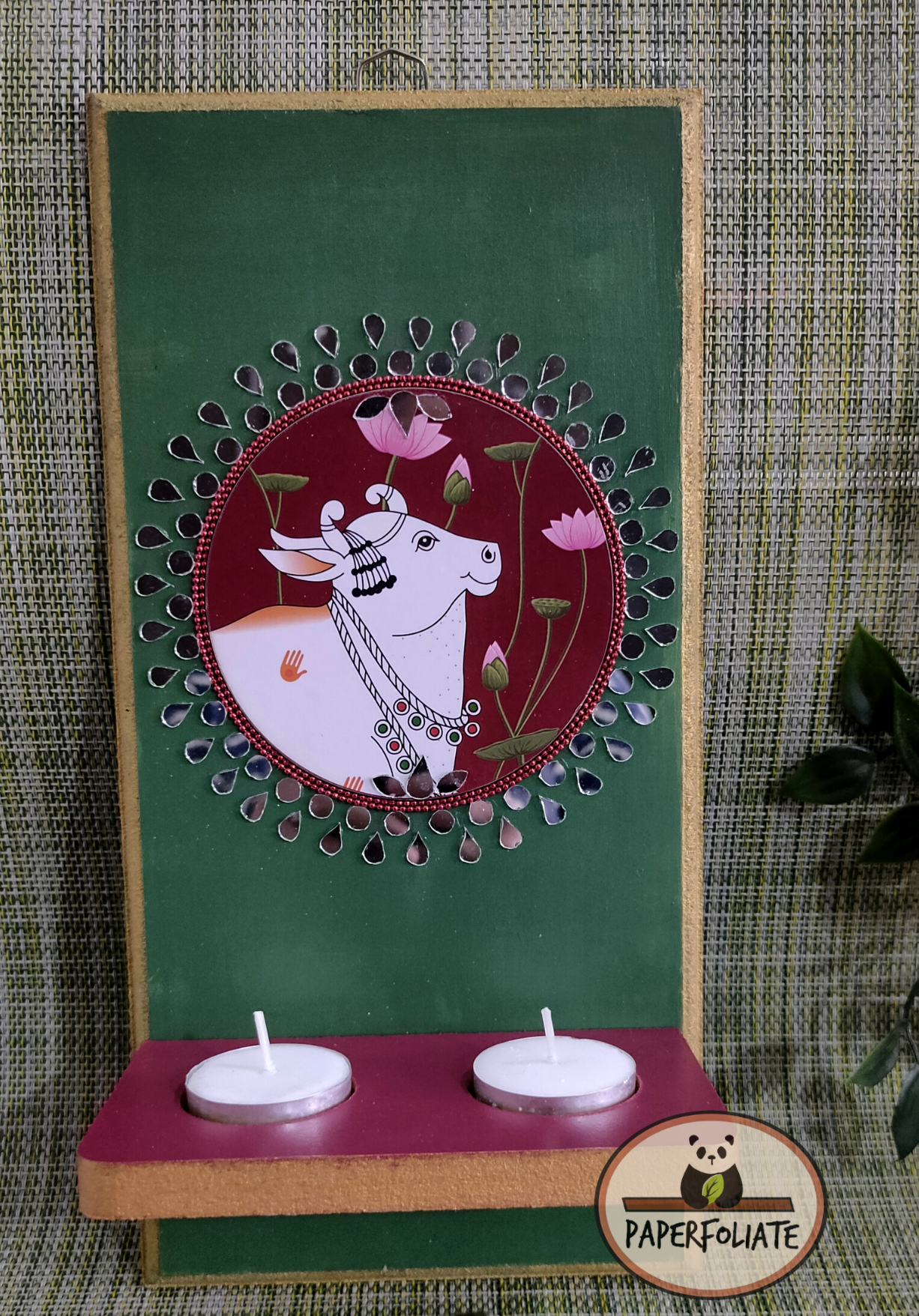 WOODEN WALL HUNG T-LIGHT HOLDER - PICHWAI COW & LOTUS DESIGN .
