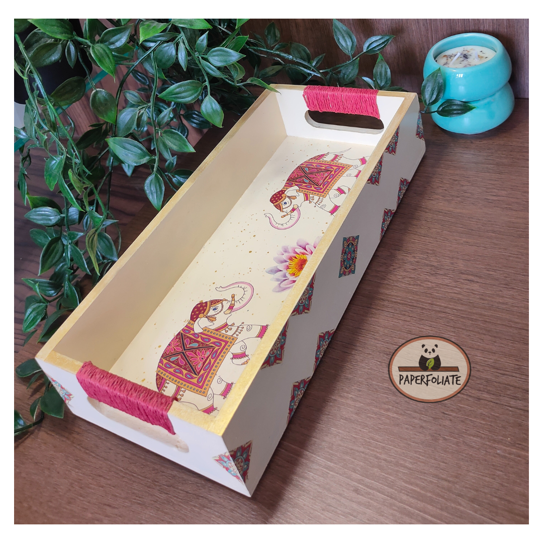 WOODEN TRAY - ETHNIC ELEPHANTS DESIGN