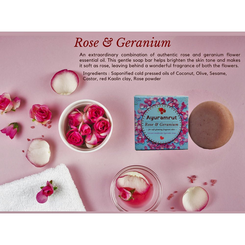 Ayuramrut Rose and Geranium Natural Handmade Ayurvedic Soap (Pack of 2) - Kreate- Soaps