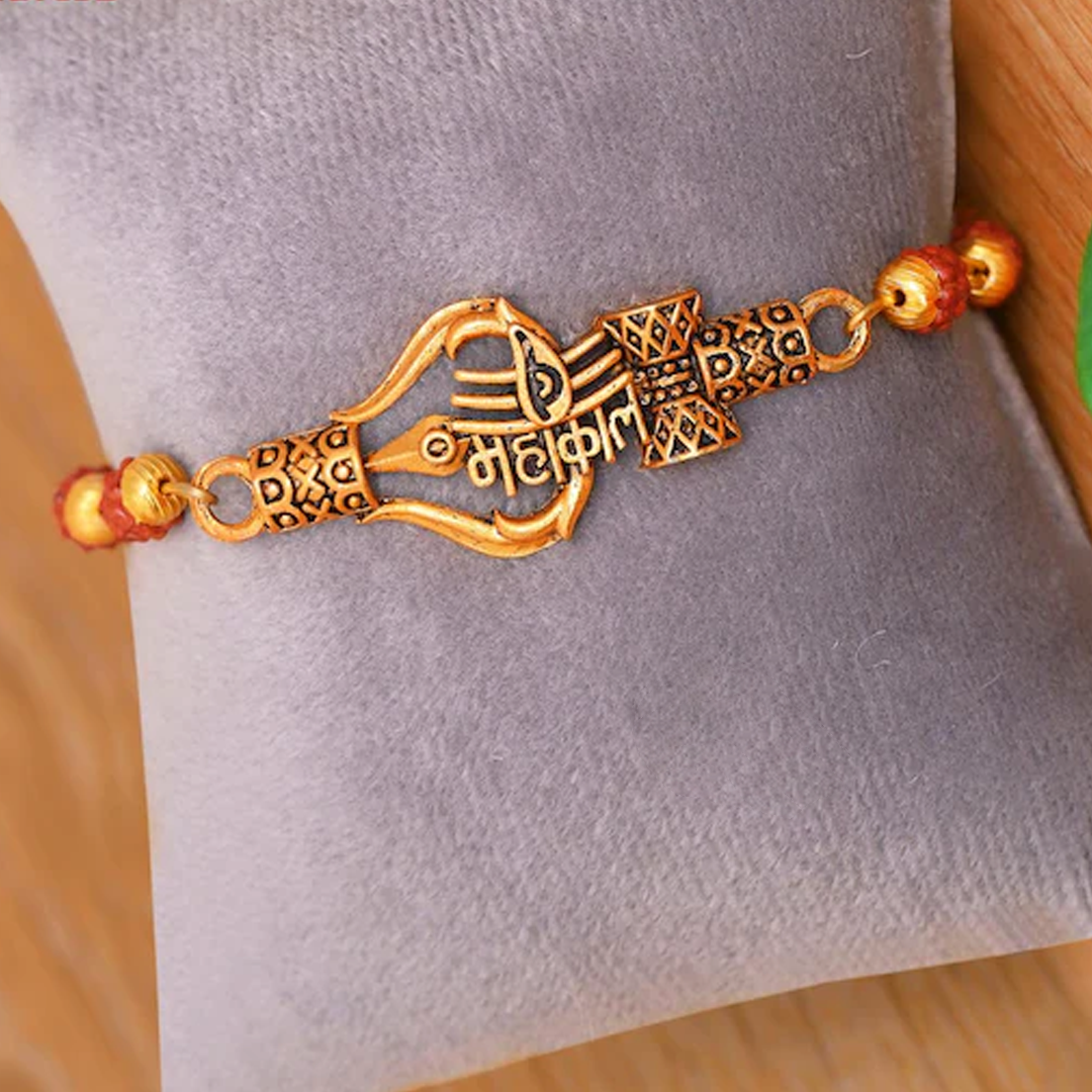 Lord Shiva Mahakal Name Plate Bracelets with Rudraksh Golden Color