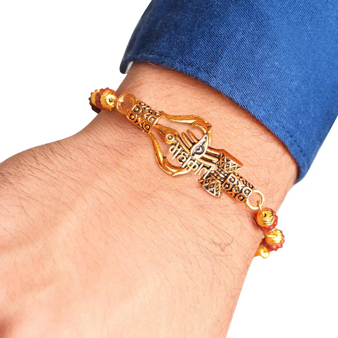 Lord Shiva Mahakal Name Plate Bracelets with Rudraksh Golden Color