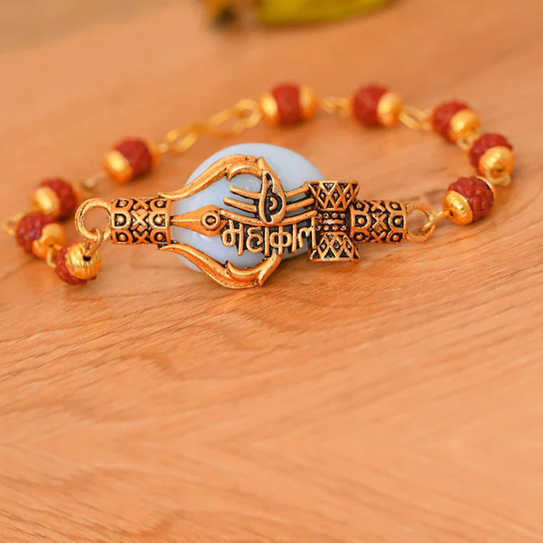 Lord Shiva Mahakal Name Plate Bracelets with Rudraksh Golden Color