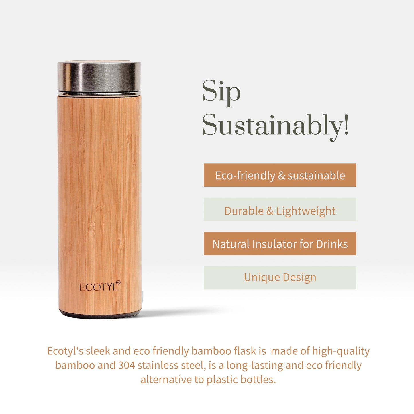 Ecotyl Bamboo Stainless Steel Insulated flask (450ml)