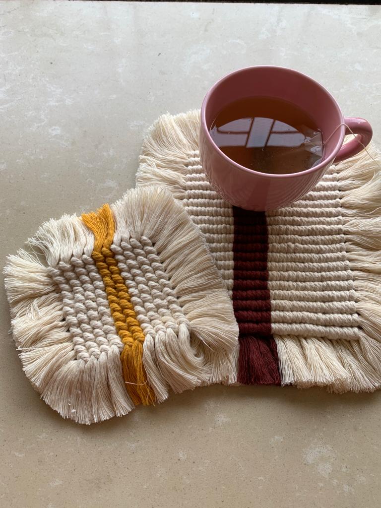 Banokabil Set of 2 Macrame Square Coaster (Mini -6 inches) - Kreate- Coasters