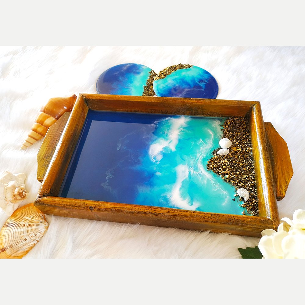 Beach Theme Resin Art Tray With Two Coasters - Kreate- Serveware