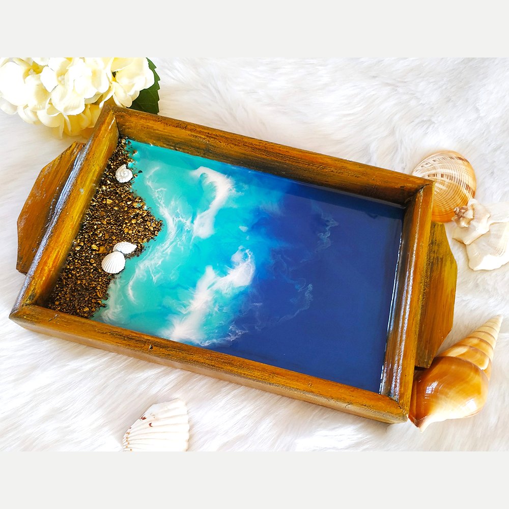 Beach Theme Resin Art Tray With Two Coasters - Kreate- Serveware