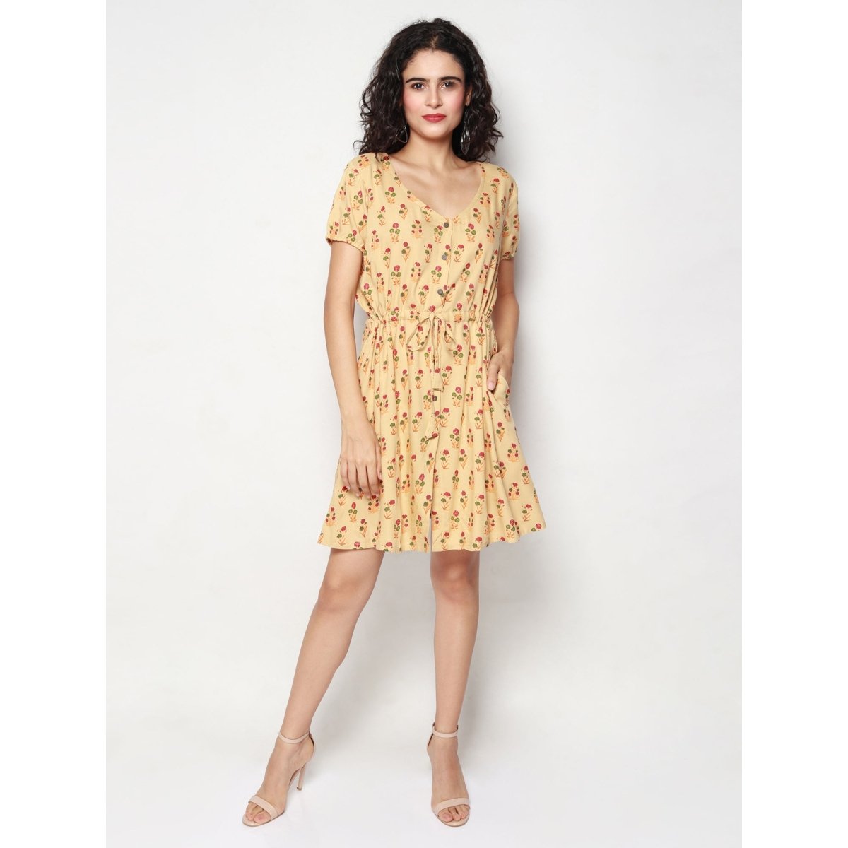 Beige Floral Print Dress - Kreate- Dresses & jumpsuits