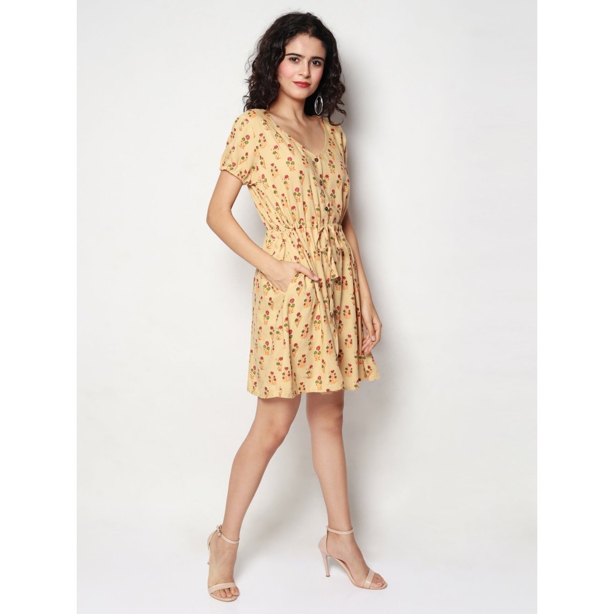 Beige Floral Print Dress - Kreate- Dresses & jumpsuits