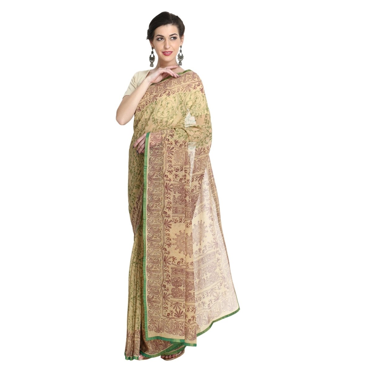 Beige Georgette Warli Print Saree with Blouse Piece - Kreate- Sarees & Blouses