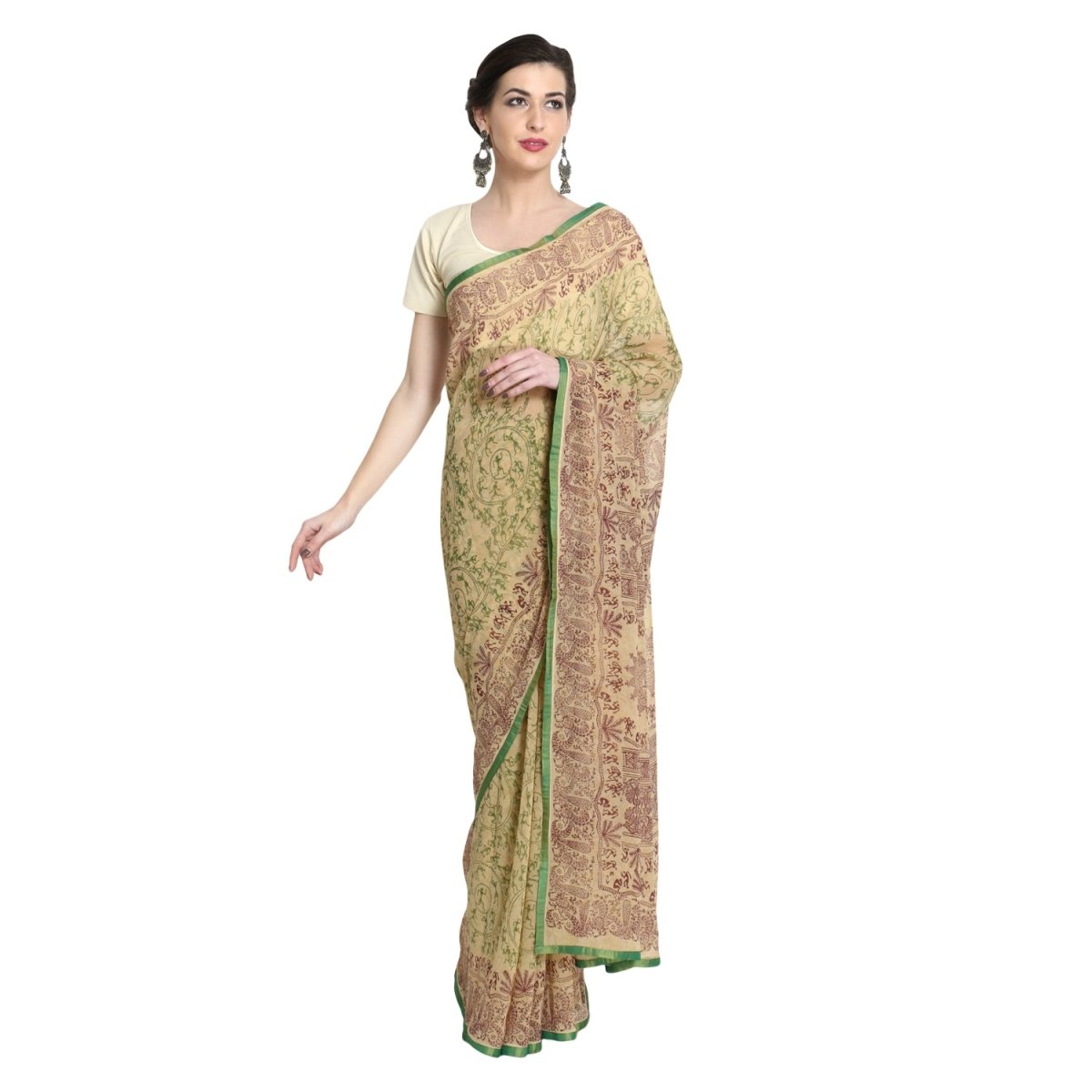 Beige Georgette Warli Print Saree with Blouse Piece - Kreate- Sarees & Blouses