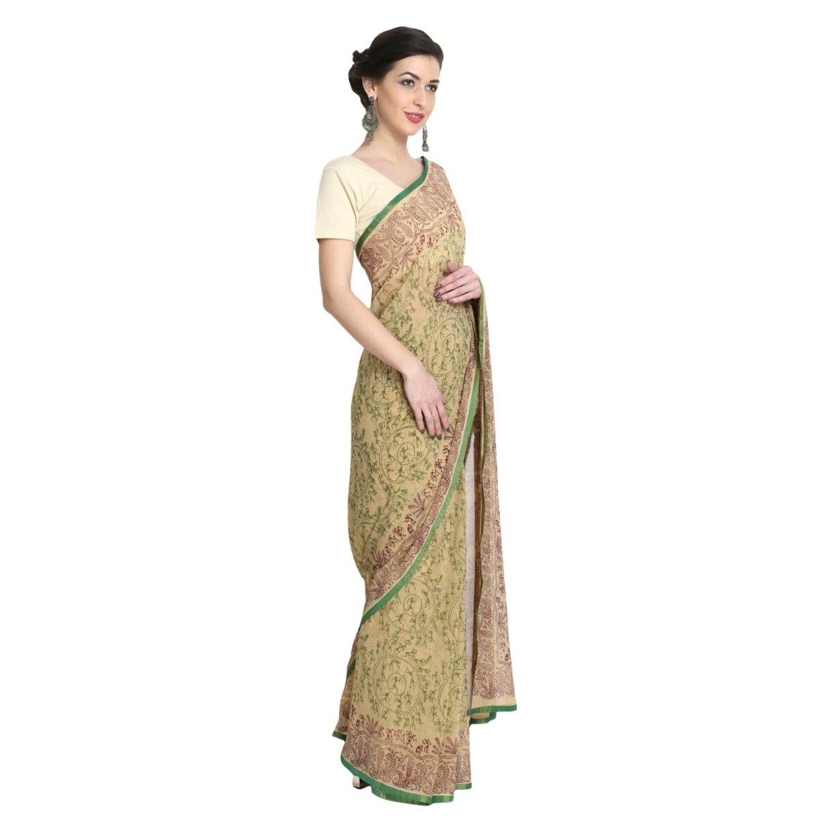 Beige Georgette Warli Print Saree with Blouse Piece - Kreate- Sarees & Blouses