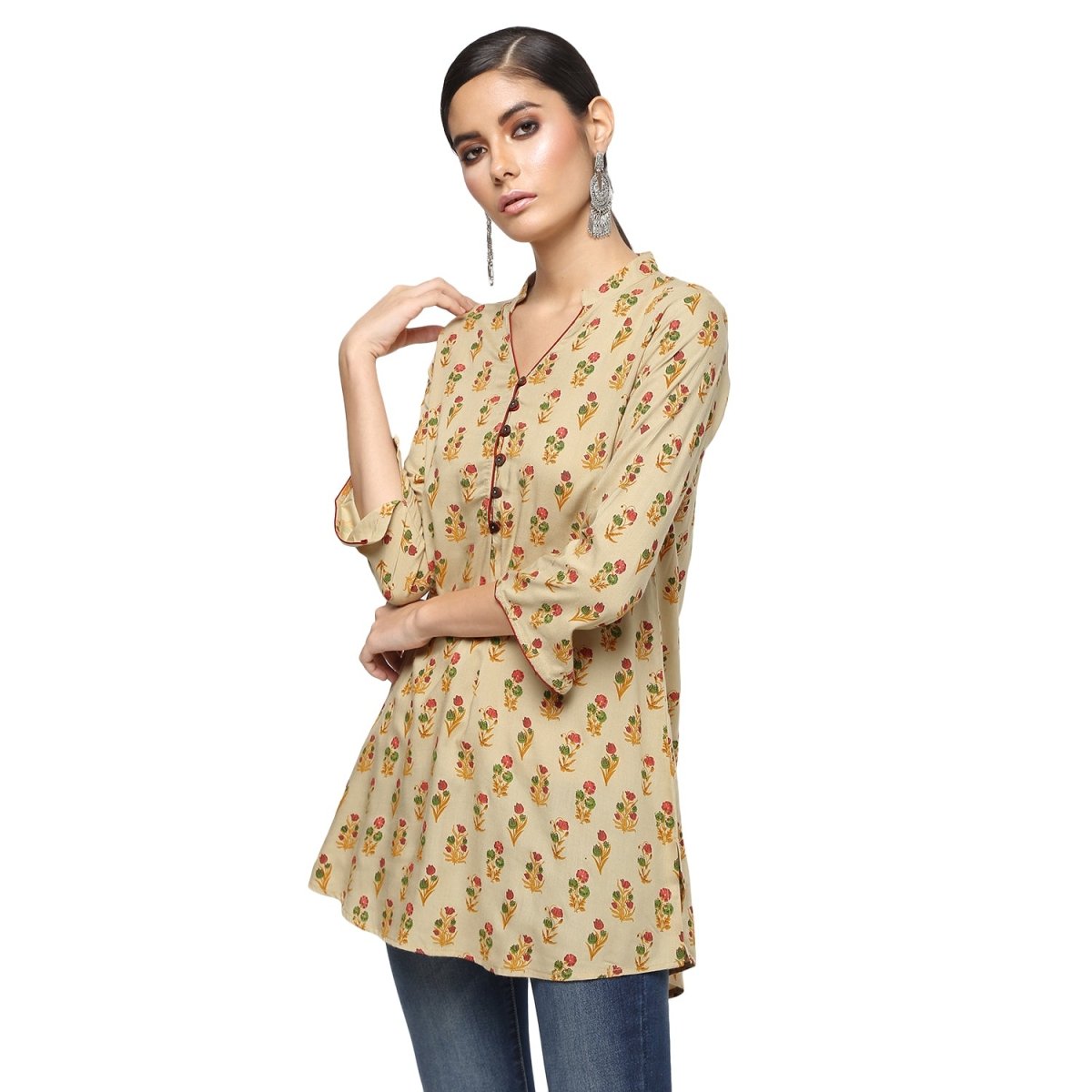 Beige Rayon Block Print Tunic - Kreate- Kurtis & Salwar Suits