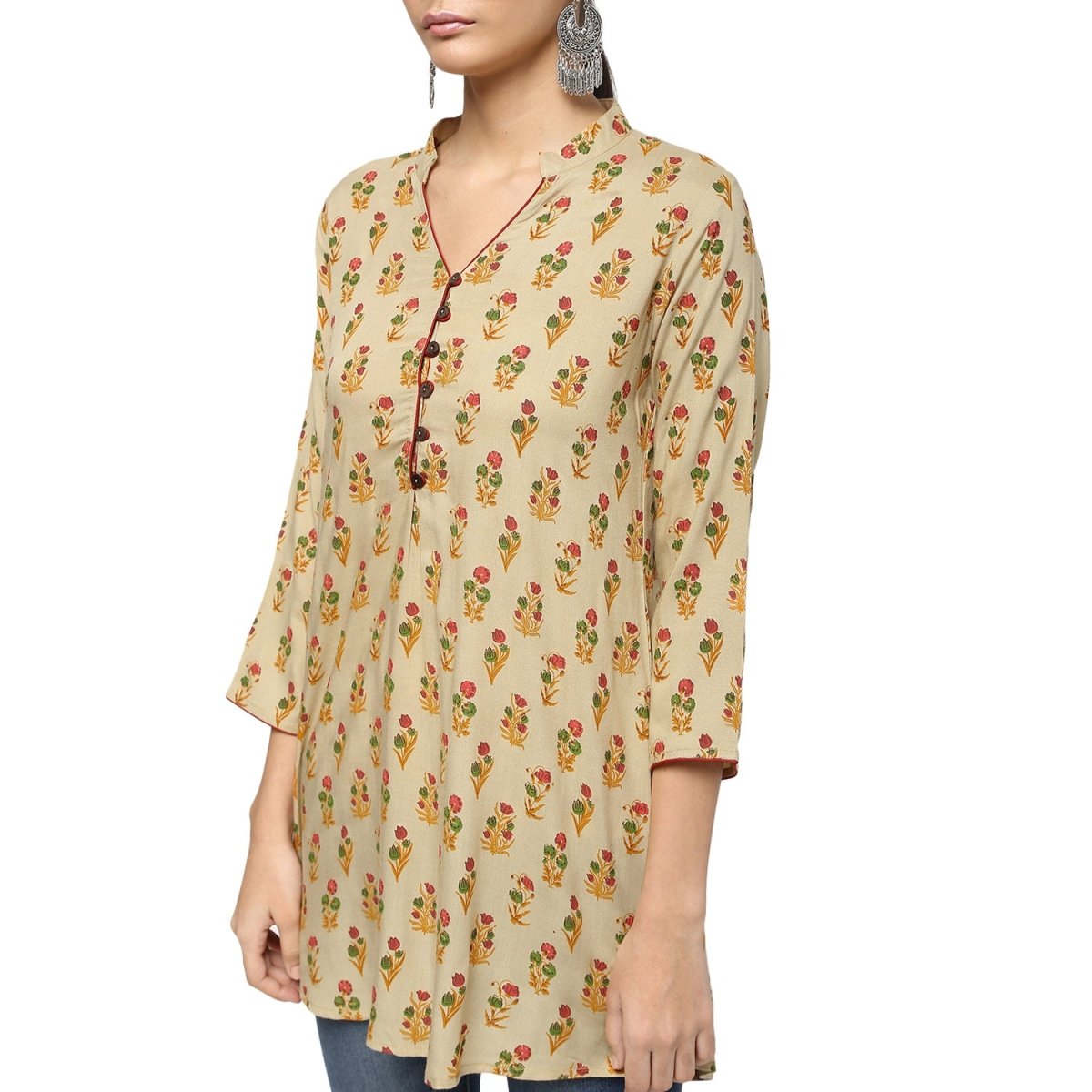 Beige Rayon Block Print Tunic - Kreate- Kurtis & Salwar Suits