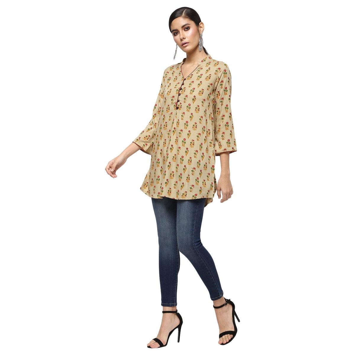 Beige Rayon Block Print Tunic - Kreate- Kurtis & Salwar Suits