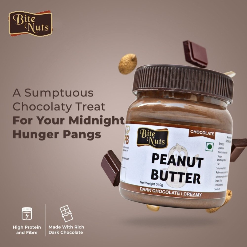 BiteNuts Chocolate Creamy Peanut Butter (340g) - Kreate- Spreads