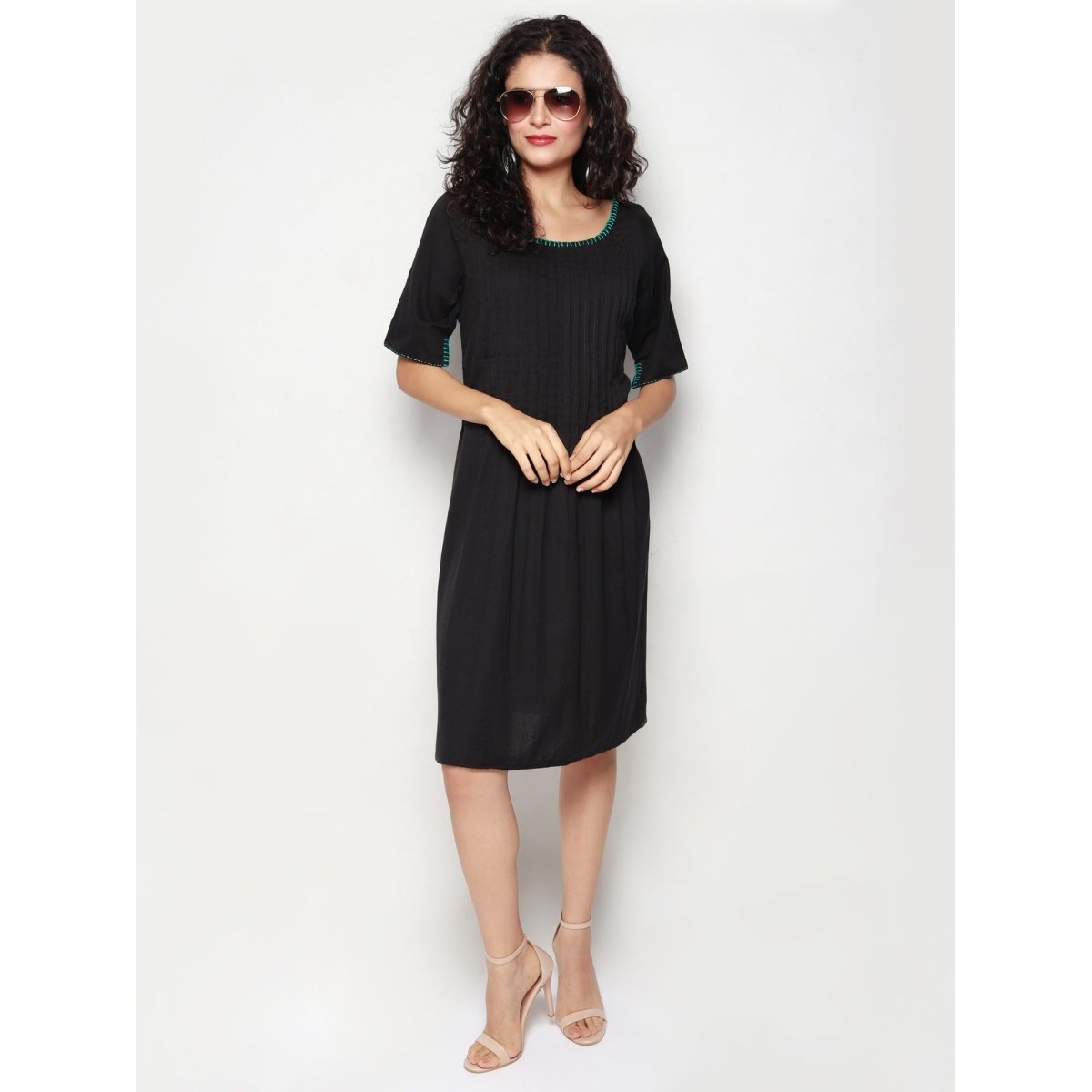 Black Cotton Linen Pleated Dress - Kreate- Dresses & jumpsuits