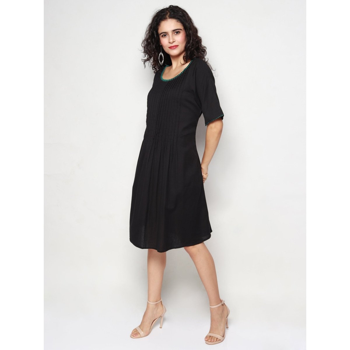 Black Cotton Linen Pleated Dress - Kreate- Dresses & jumpsuits