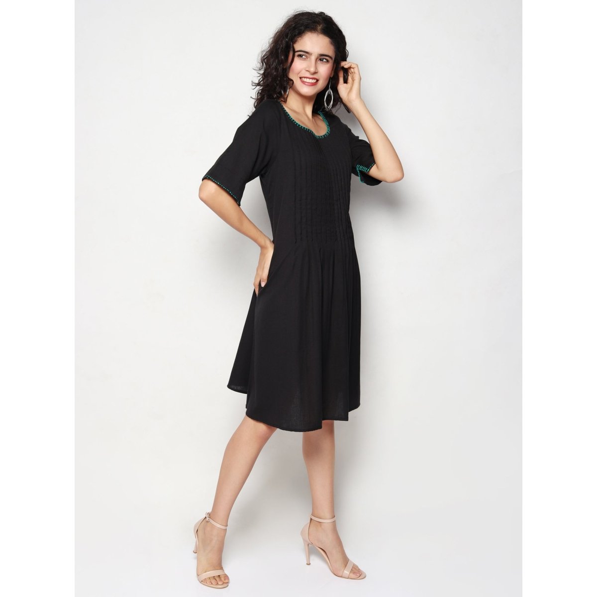 Black Cotton Linen Pleated Dress - Kreate- Dresses & jumpsuits