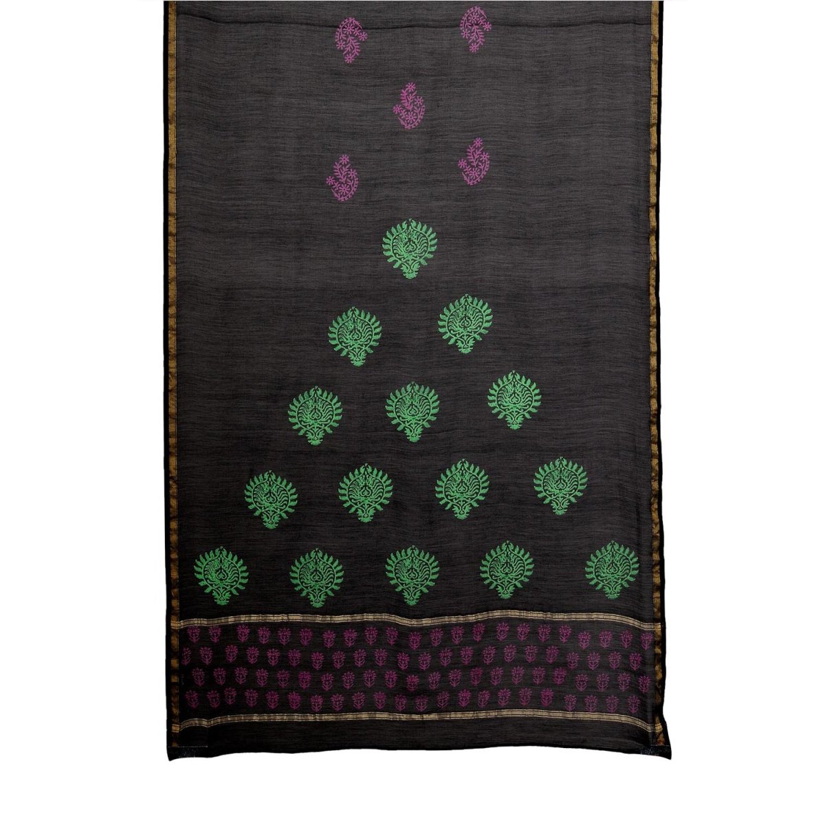 Black Cotton Silk Chanderi Block Print Dupatta - Kreate- Dupatta & Shawls