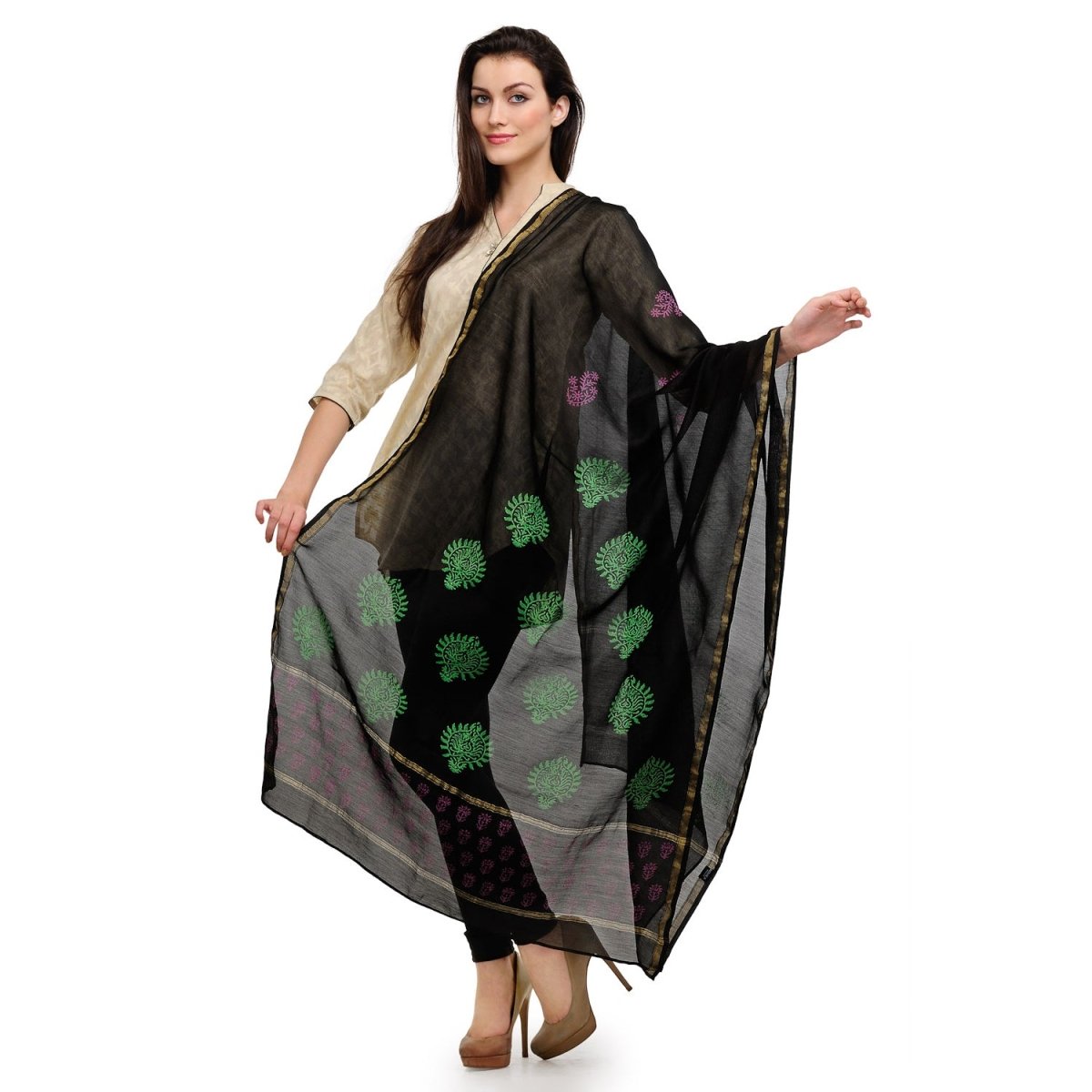 Black Cotton Silk Chanderi Block Print Dupatta - Kreate- Dupatta & Shawls