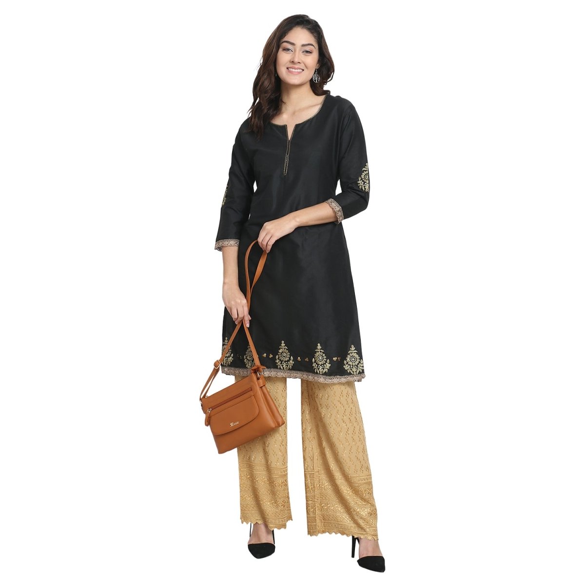 Black Cotton Silk Zari Embroidered Kurta - Kreate- Kurtis & Salwar Suits