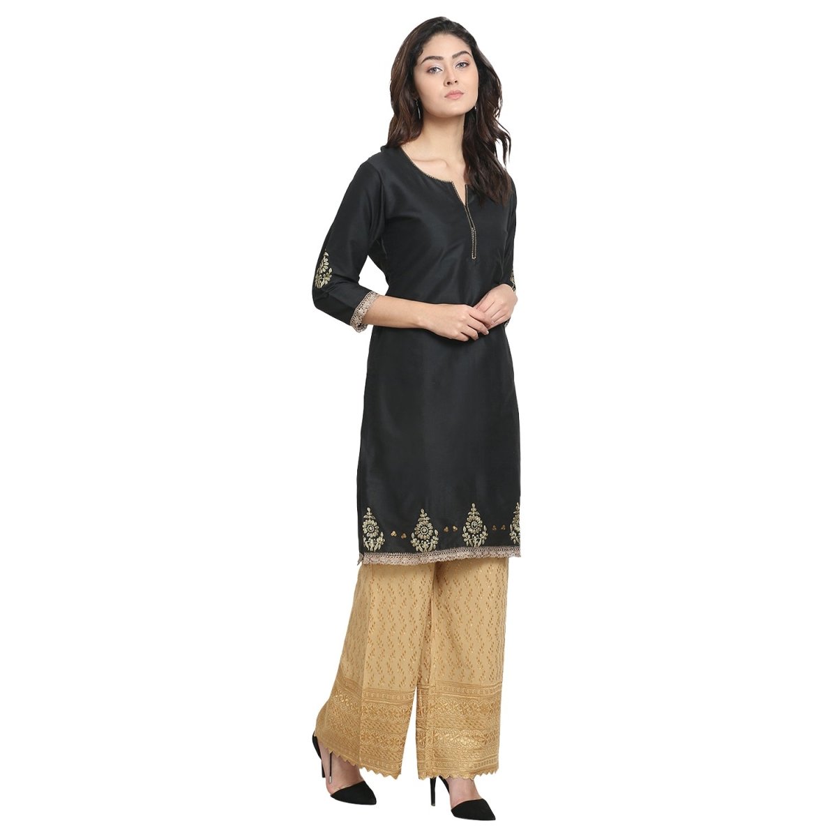 Black Cotton Silk Zari Embroidered Kurta - Kreate- Kurtis & Salwar Suits