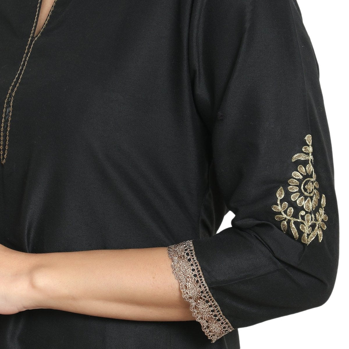 Black Cotton Silk Zari Embroidered Kurta - Kreate- Kurtis & Salwar Suits