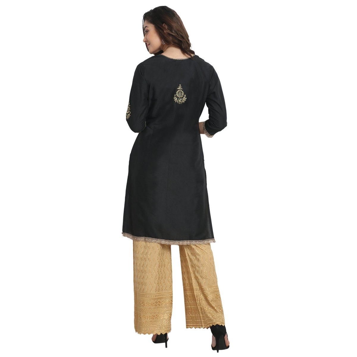 Black Cotton Silk Zari Embroidered Kurta - Kreate- Kurtis & Salwar Suits
