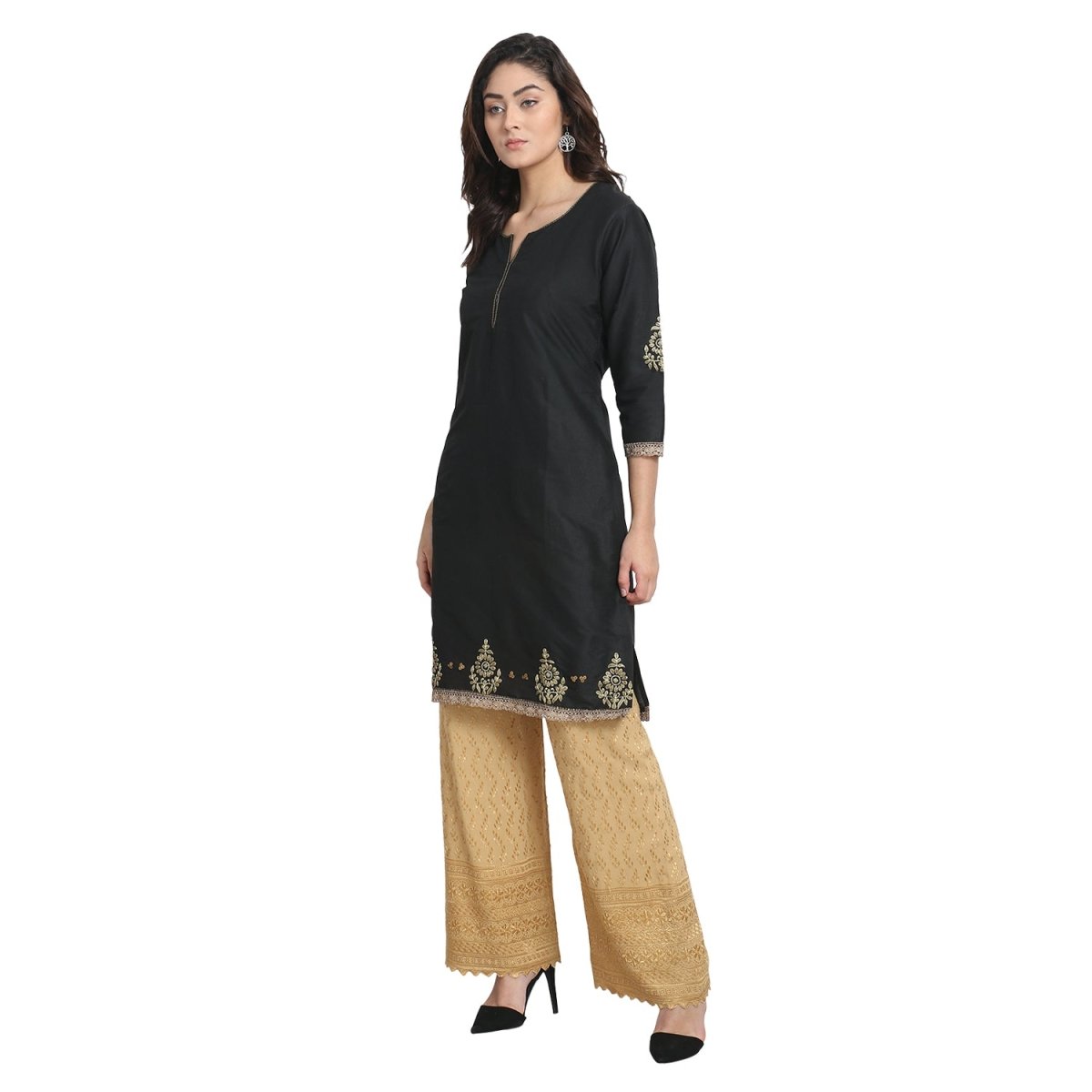 Black Cotton Silk Zari Embroidered Kurta - Kreate- Kurtis & Salwar Suits