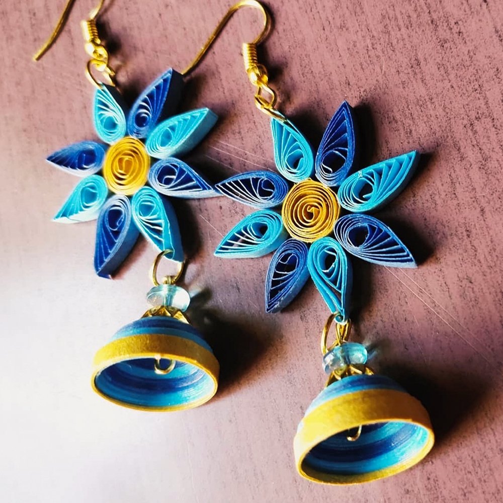 Blue Color Quilling Flower Earrings - Kreate- Earrings