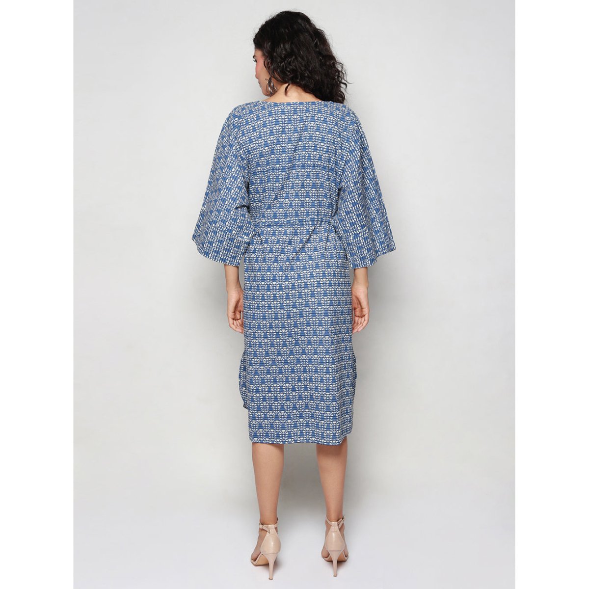 Blue Cotton Block Print Kaftan Dress - Kreate- Dresses & jumpsuits