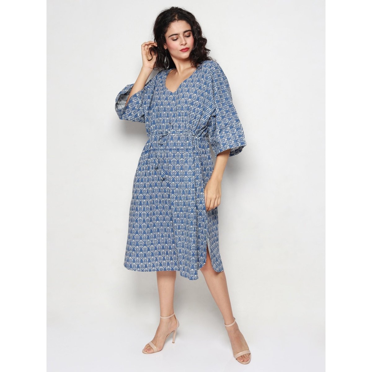 Blue Cotton Block Print Kaftan Dress - Kreate- Dresses & jumpsuits