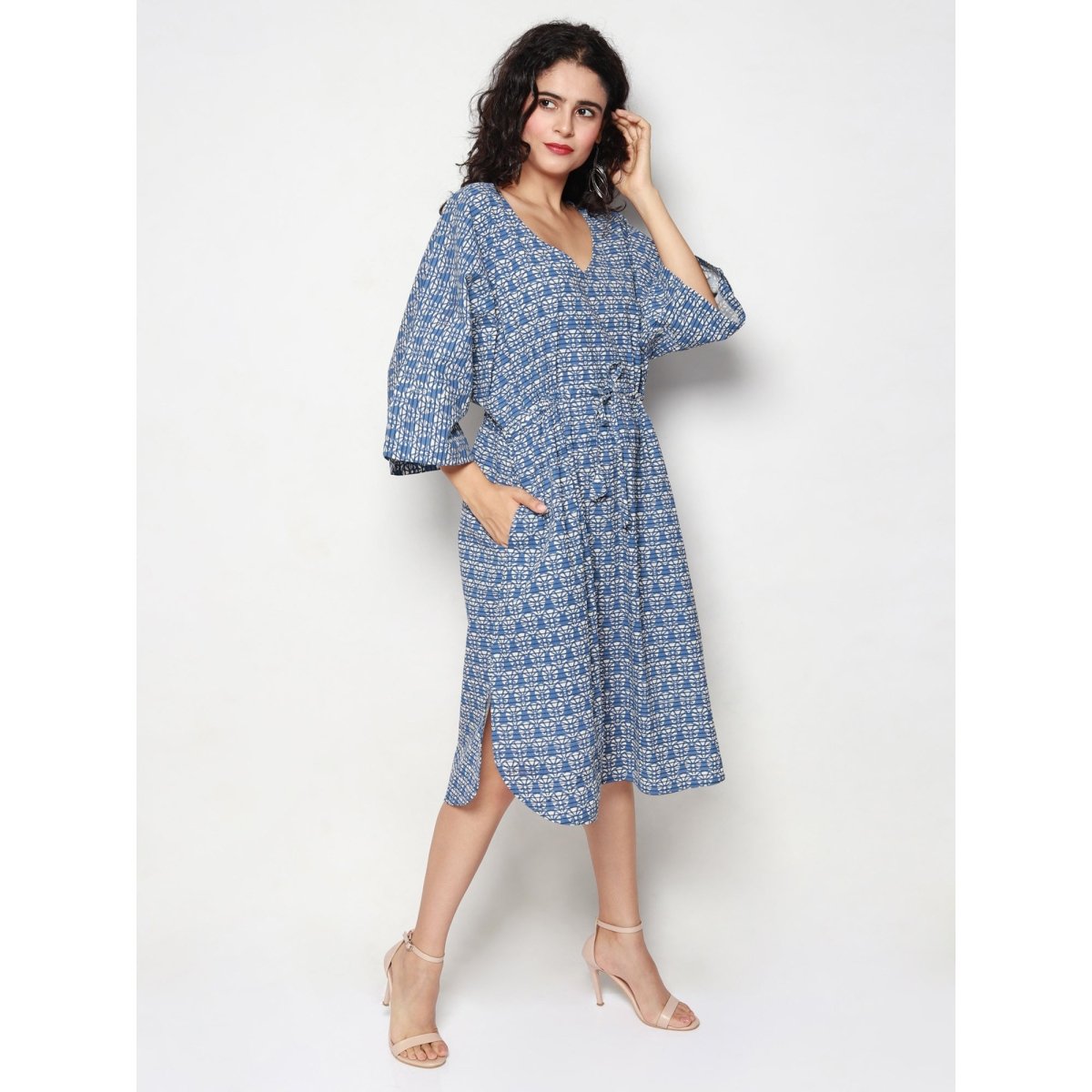 Blue Cotton Block Print Kaftan Dress - Kreate- Dresses & jumpsuits