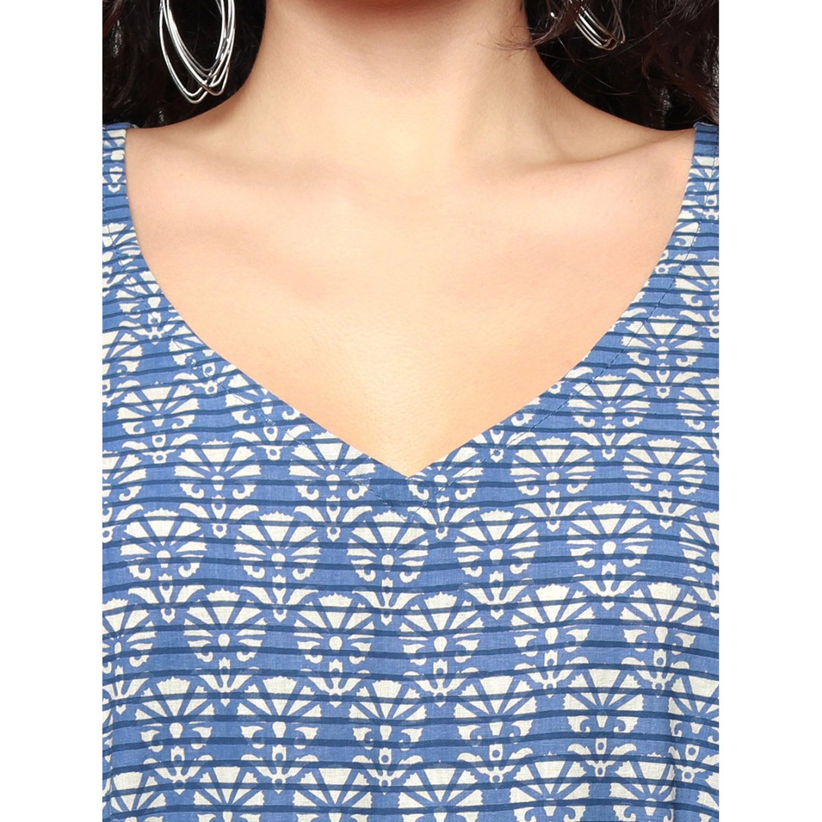 Blue Cotton Block Print Kaftan Dress - Kreate- Dresses & jumpsuits