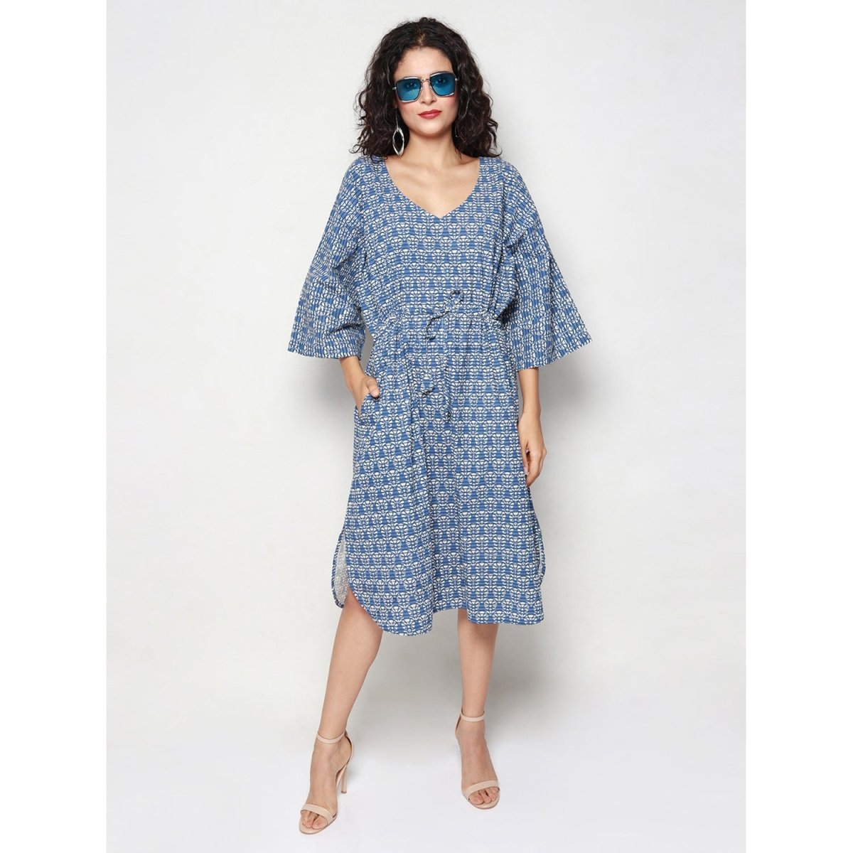 Blue Cotton Block Print Kaftan Dress - Kreate- Dresses & jumpsuits