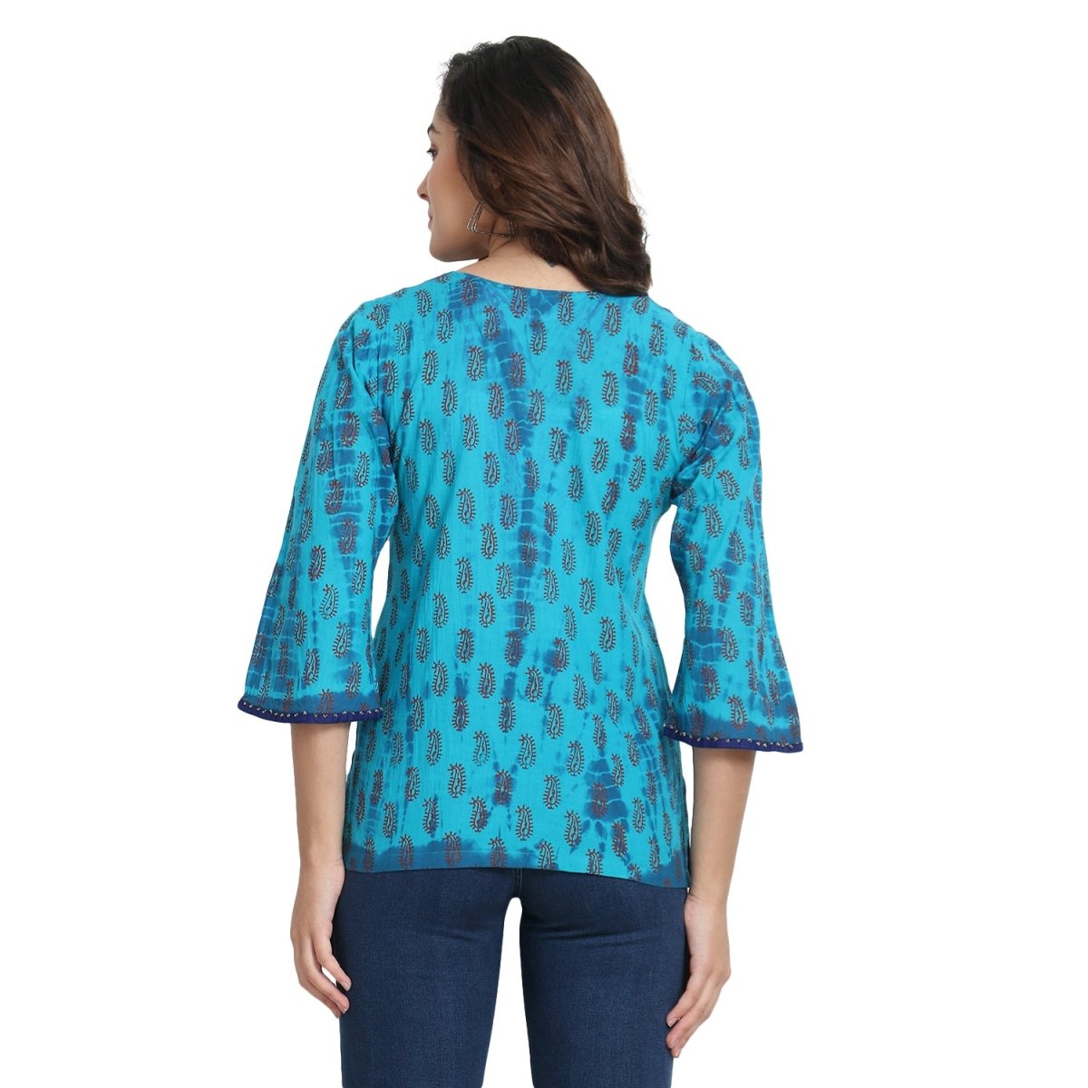 Blue Cotton Block print Tie n Dye Kurti - Kreate- Kurtis & Salwar Suits