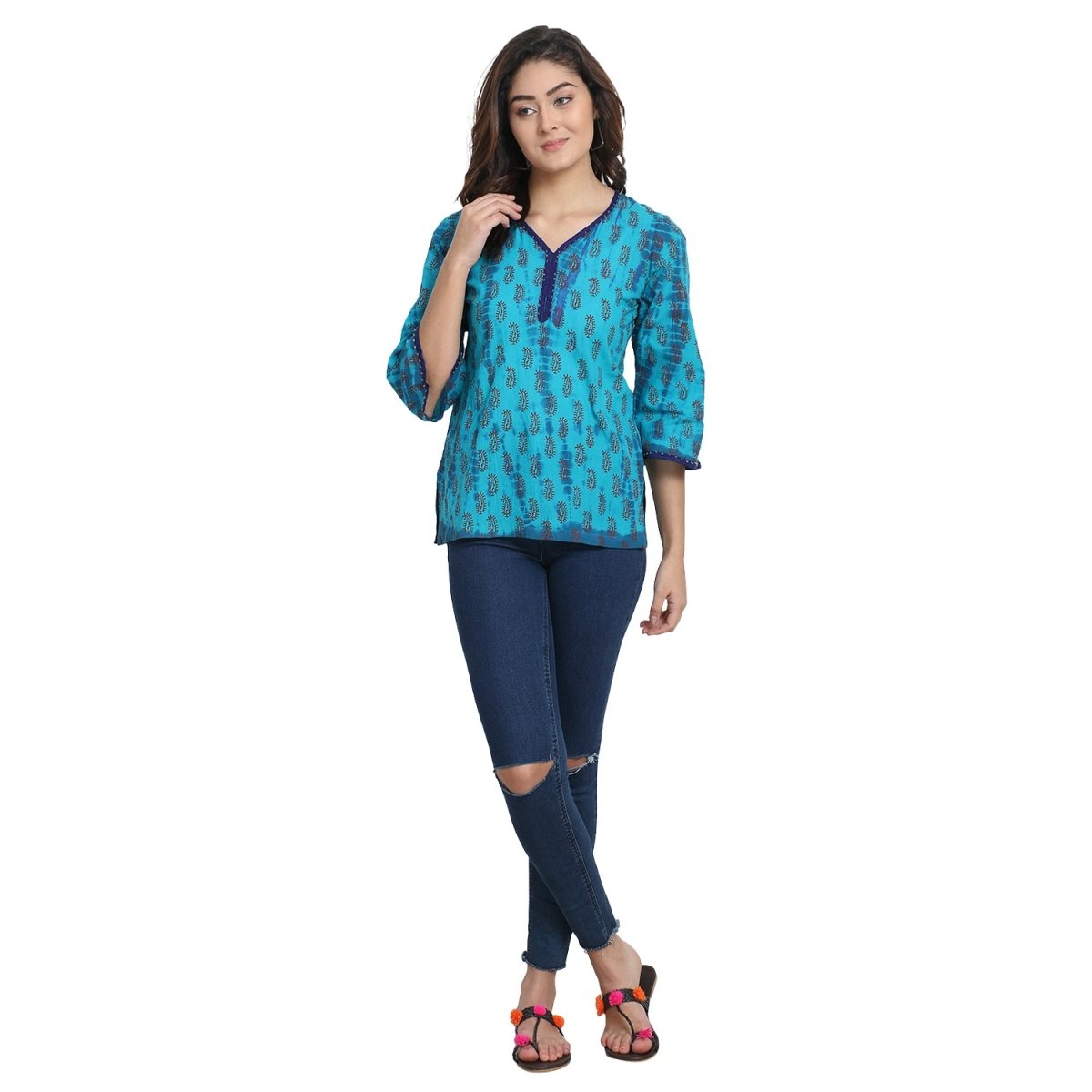 Blue Cotton Block print Tie n Dye Kurti - Kreate- Kurtis & Salwar Suits