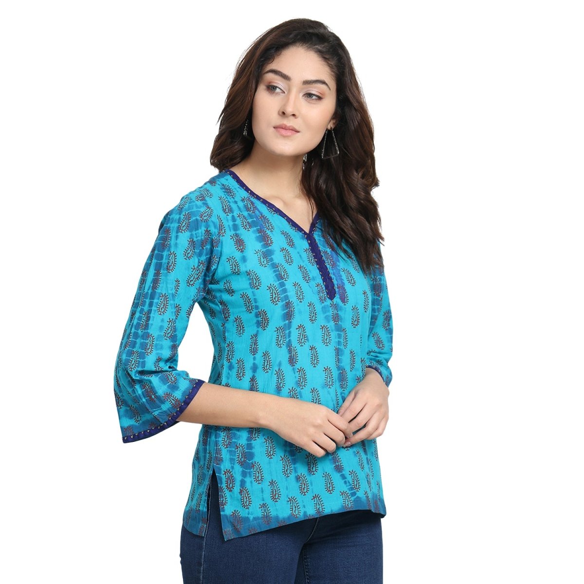 Blue Cotton Block print Tie n Dye Kurti - Kreate- Kurtis & Salwar Suits