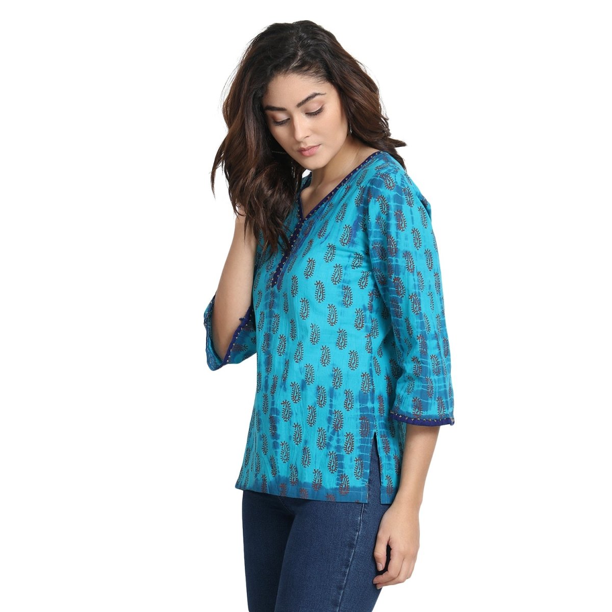 Blue Cotton Block print Tie n Dye Kurti - Kreate- Kurtis & Salwar Suits