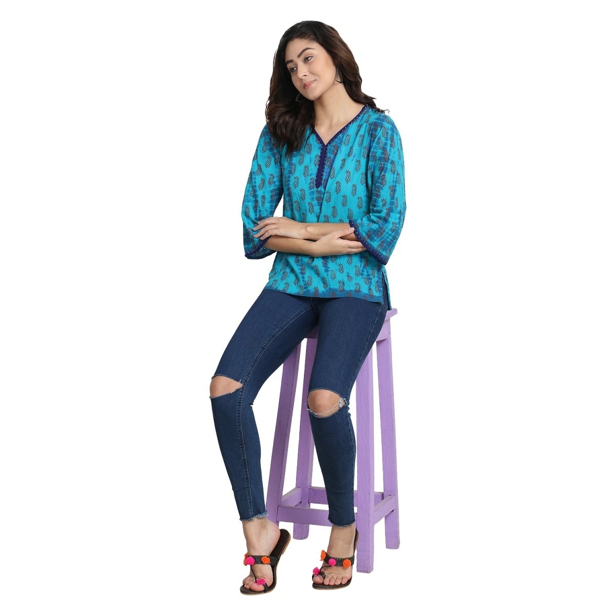 Blue Cotton Block print Tie n Dye Kurti - Kreate- Kurtis & Salwar Suits