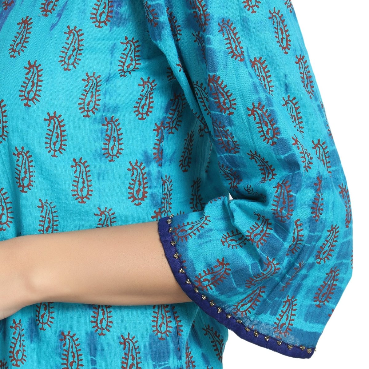 Blue Cotton Block print Tie n Dye Kurti - Kreate- Kurtis & Salwar Suits